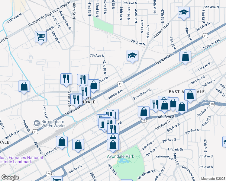 map of restaurants, bars, coffee shops, grocery stores, and more near 4231 1st Avenue North in Birmingham