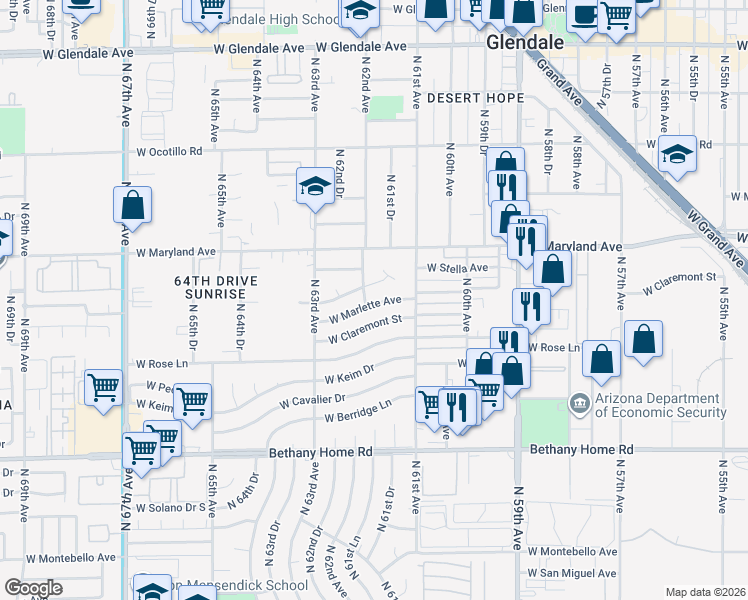 map of restaurants, bars, coffee shops, grocery stores, and more near 6140 West Marlette Avenue in Glendale