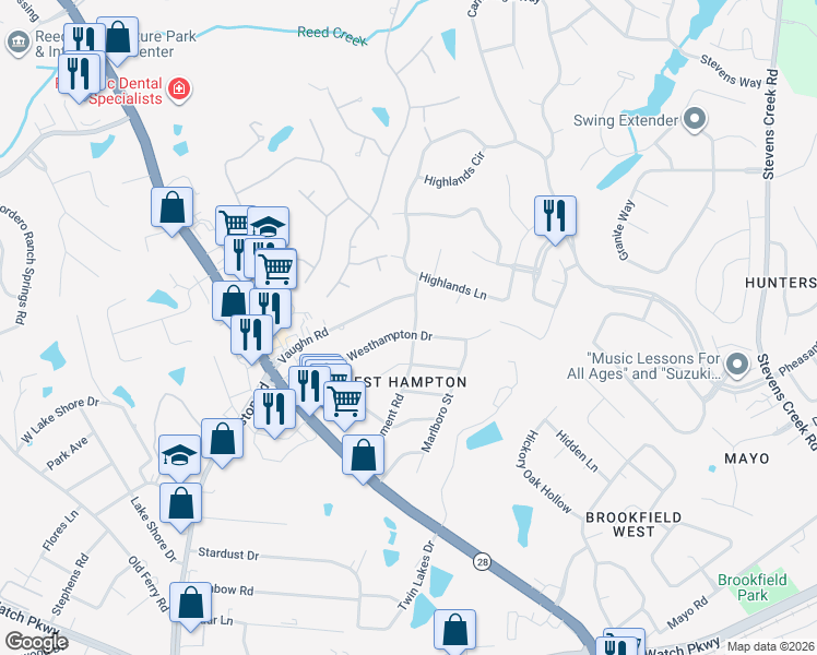 map of restaurants, bars, coffee shops, grocery stores, and more near 3600 Westhampton Drive in Martinez