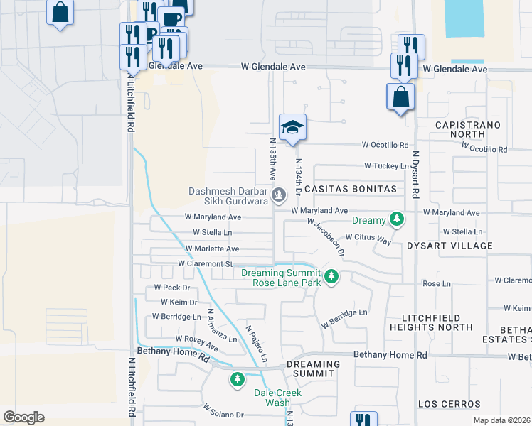 map of restaurants, bars, coffee shops, grocery stores, and more near 13508 West Maryland Avenue in Litchfield Park