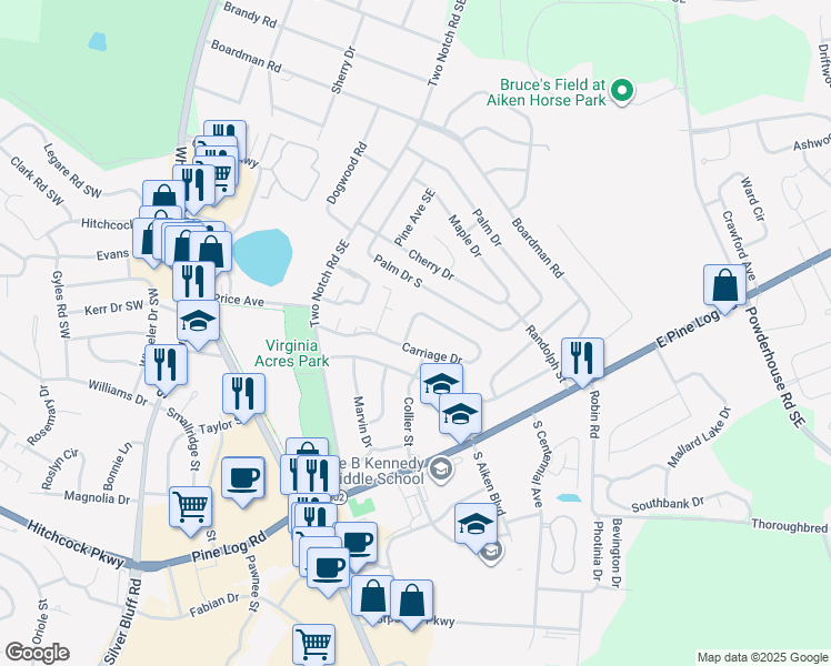 map of restaurants, bars, coffee shops, grocery stores, and more near 1252 Carriage Dr in Aiken