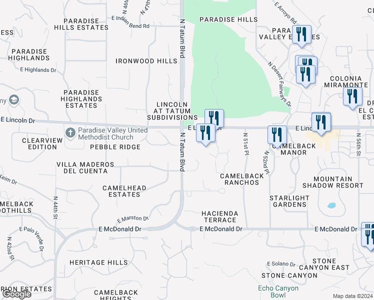 map of restaurants, bars, coffee shops, grocery stores, and more near 4949 East Lincoln Drive in Paradise Valley