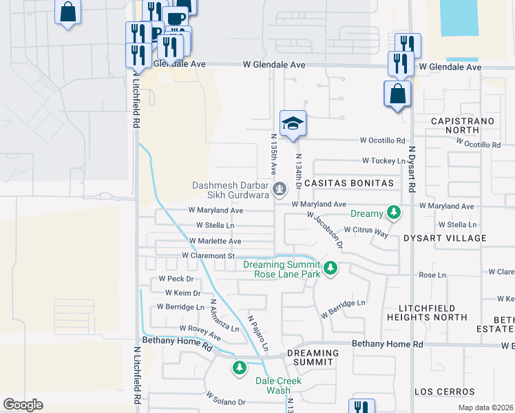map of restaurants, bars, coffee shops, grocery stores, and more near 13508 West Maryland Avenue in Litchfield Park