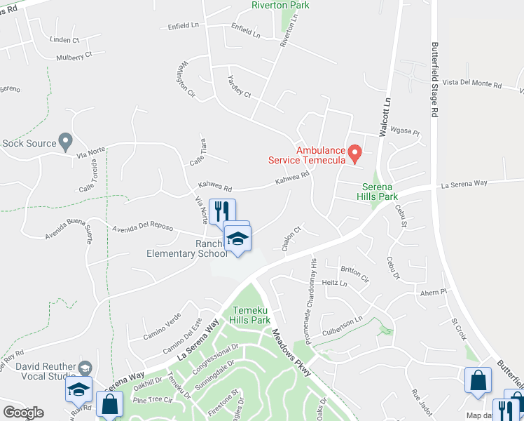 map of restaurants, bars, coffee shops, grocery stores, and more near 31480 Avenida Del Reposo in Temecula