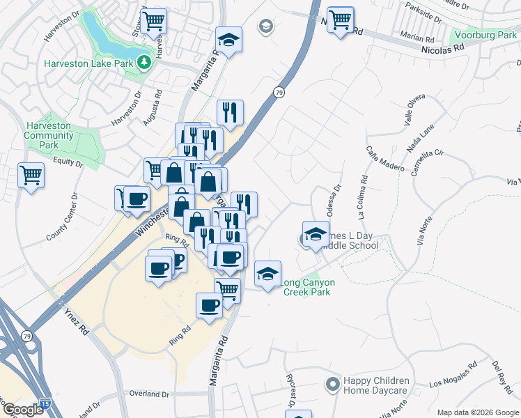 map of restaurants, bars, coffee shops, grocery stores, and more near 27548 Campana Circle in Temecula