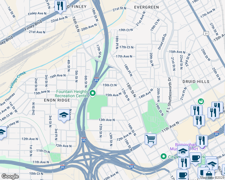 map of restaurants, bars, coffee shops, grocery stores, and more near 1523 13th St N in Birmingham