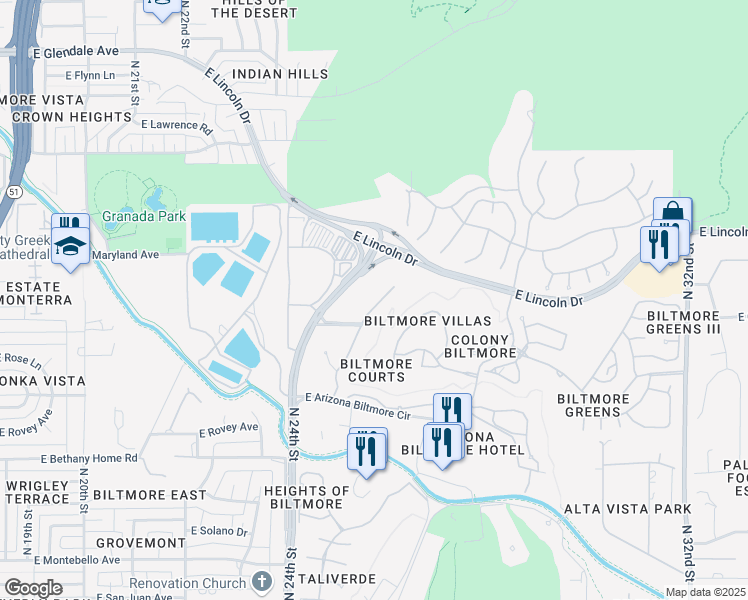 map of restaurants, bars, coffee shops, grocery stores, and more near 6225 North 24th Street in Phoenix