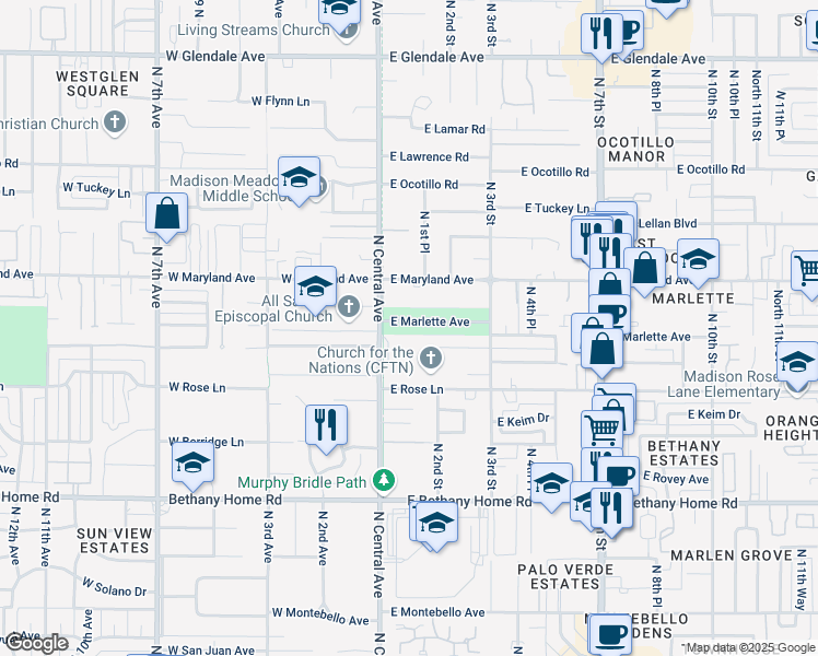 map of restaurants, bars, coffee shops, grocery stores, and more near 23 East Marlette Avenue in Phoenix