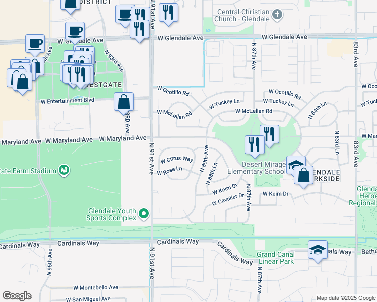map of restaurants, bars, coffee shops, grocery stores, and more near 8955 West Stella Avenue in Glendale