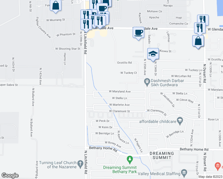 map of restaurants, bars, coffee shops, grocery stores, and more near 13718 West Maryland Avenue in Litchfield Park