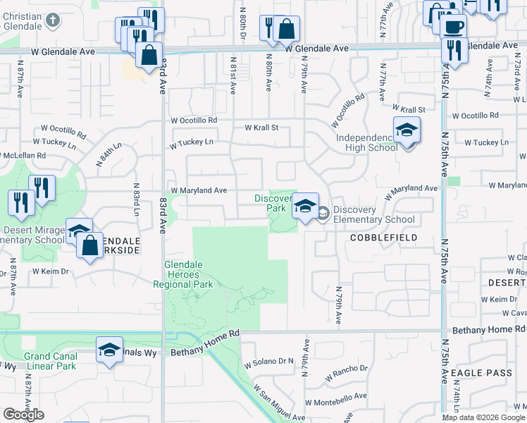 map of restaurants, bars, coffee shops, grocery stores, and more near 6410 North 79th Lane in Glendale