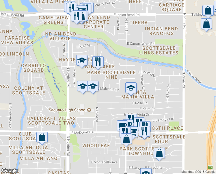 map of restaurants, bars, coffee shops, grocery stores, and more near 6320 North 83rd Street in Scottsdale