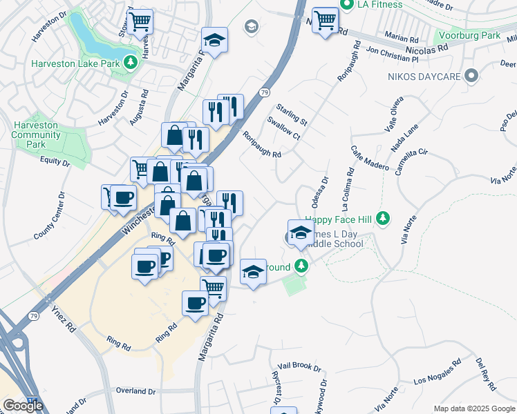 map of restaurants, bars, coffee shops, grocery stores, and more near 27575 Nellie Court in Temecula