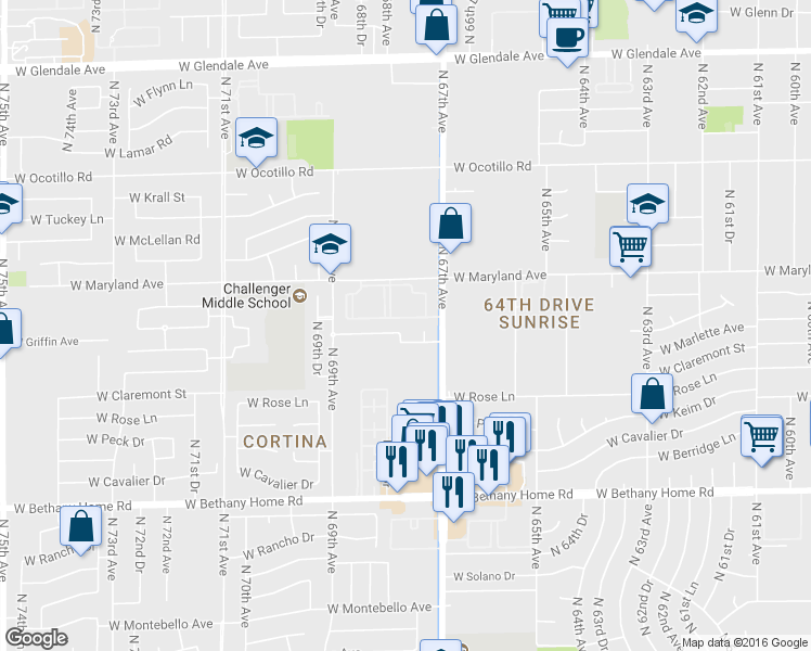 map of restaurants, bars, coffee shops, grocery stores, and more near 6764 West Citrus Way in Glendale