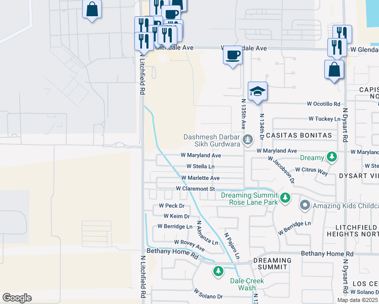 map of restaurants, bars, coffee shops, grocery stores, and more near 13718 West Maryland Avenue in Litchfield Park