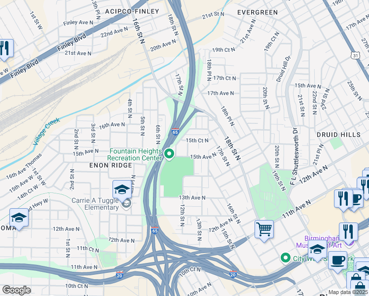 map of restaurants, bars, coffee shops, grocery stores, and more near 1512 12th Street North in Birmingham