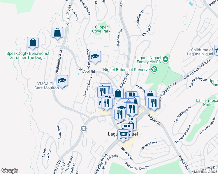 map of restaurants, bars, coffee shops, grocery stores, and more near Waterford Lane in Laguna Niguel
