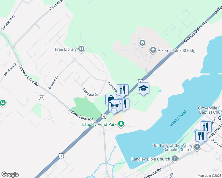 map of restaurants, bars, coffee shops, grocery stores, and more near 1077 Ackerman Drive in Graniteville