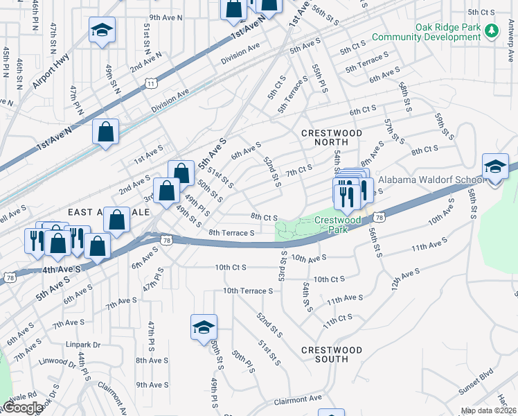 map of restaurants, bars, coffee shops, grocery stores, and more near 5101 8th Avenue South in Birmingham