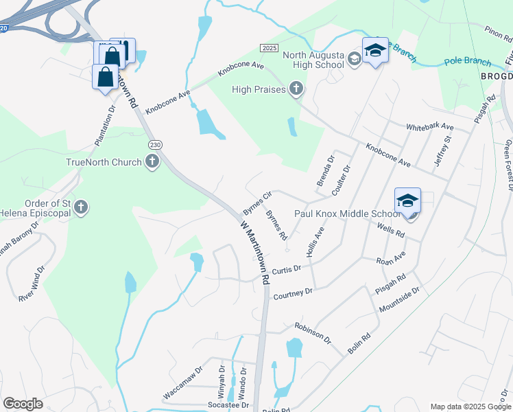 map of restaurants, bars, coffee shops, grocery stores, and more near 1805 Byrnes Circle in North Augusta
