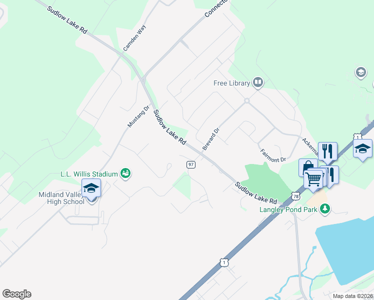 map of restaurants, bars, coffee shops, grocery stores, and more near 115 Sudlow Lake Road in Graniteville