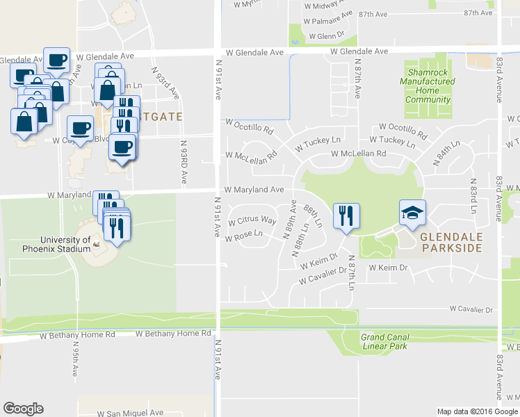 map of restaurants, bars, coffee shops, grocery stores, and more near 8955 West Stella Avenue in Glendale