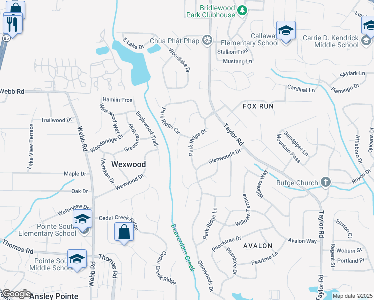 map of restaurants, bars, coffee shops, grocery stores, and more near 8249 Park Ridge Drive in Riverdale