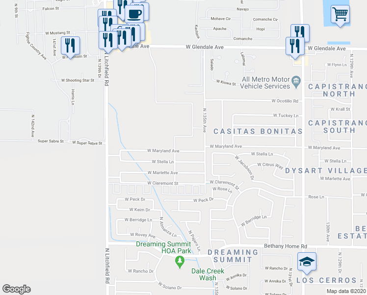 map of restaurants, bars, coffee shops, grocery stores, and more near 13542 West Maryland Avenue in Litchfield Park