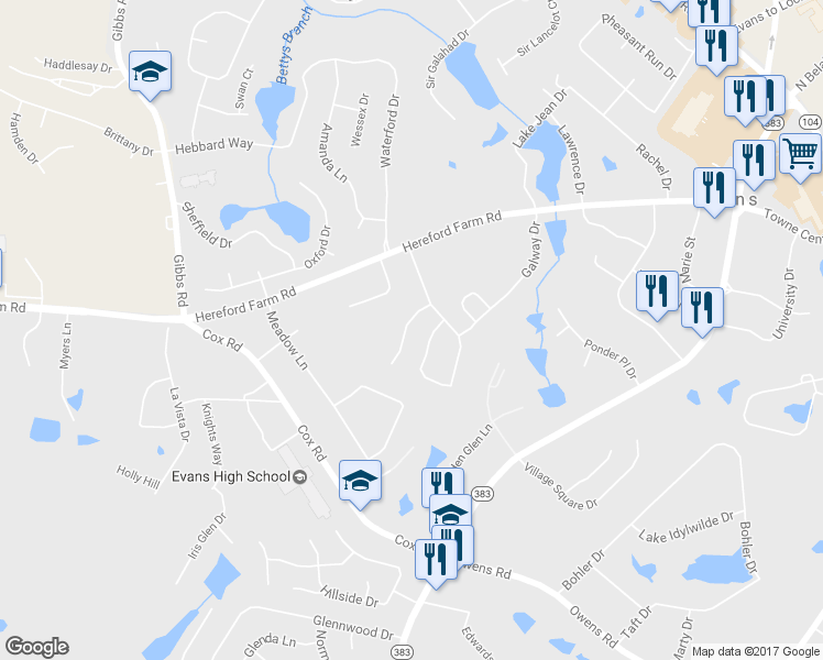 map of restaurants, bars, coffee shops, grocery stores, and more near 4516 Derryclare Lane in Evans