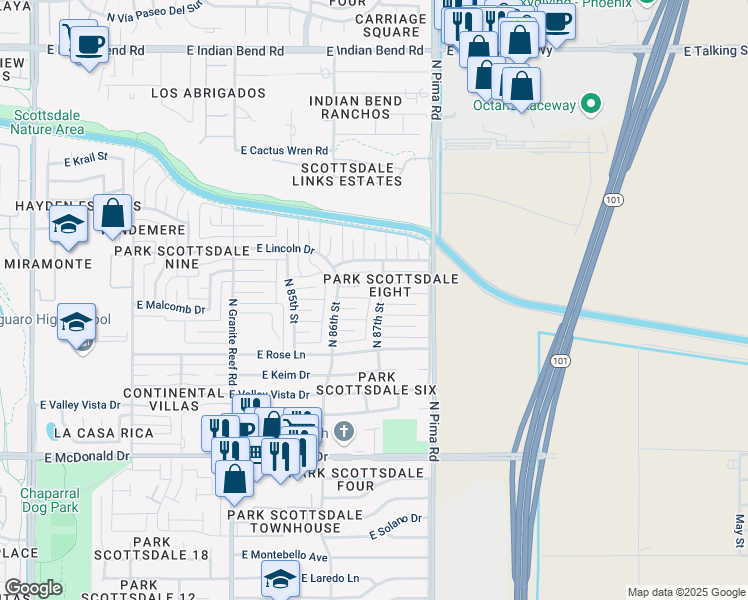 map of restaurants, bars, coffee shops, grocery stores, and more near 6338 North 87th Street in Scottsdale