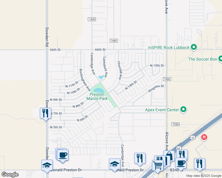 map of restaurants, bars, coffee shops, grocery stores, and more near 1406 Churchill Avenue in Wolfforth