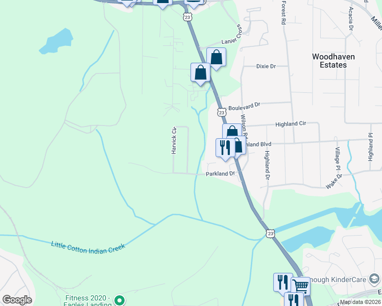 map of restaurants, bars, coffee shops, grocery stores, and more near 424 Harvick Circle in Stockbridge