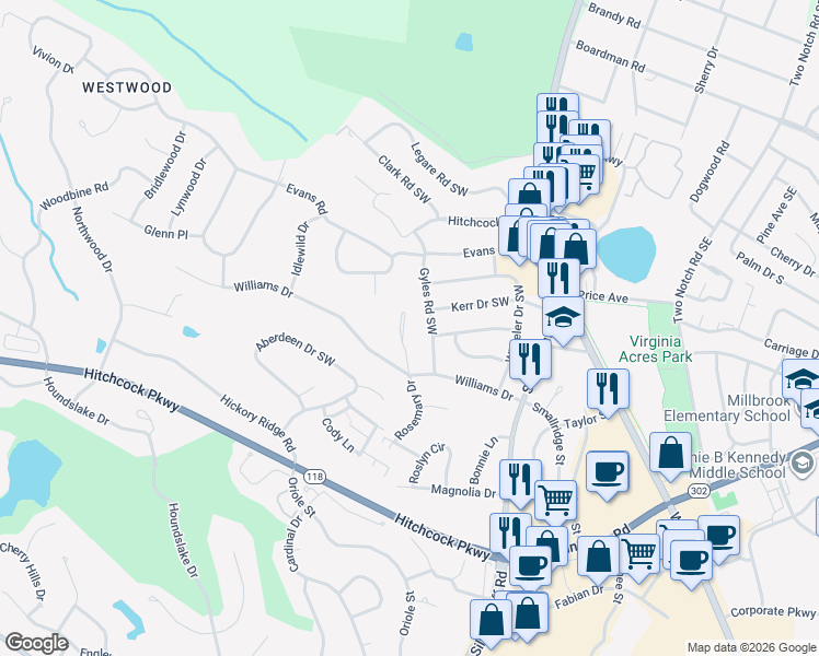 map of restaurants, bars, coffee shops, grocery stores, and more near 112 Rosemary Drive in Aiken