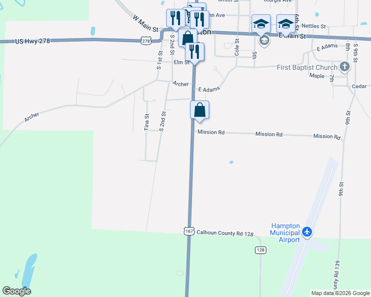 map of restaurants, bars, coffee shops, grocery stores, and more near 406 U.S. 167 in Hampton