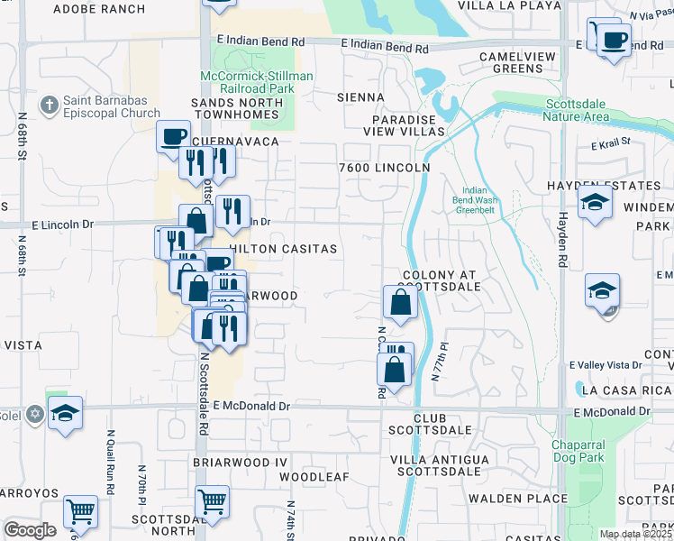 map of restaurants, bars, coffee shops, grocery stores, and more near 7441 East Century Drive in Scottsdale