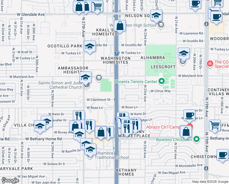 map of restaurants, bars, coffee shops, grocery stores, and more near 6236 North Black Canyon Highway in Phoenix