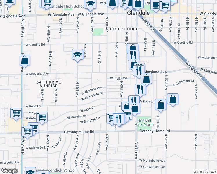 map of restaurants, bars, coffee shops, grocery stores, and more near 6302 North 61st Avenue in Glendale