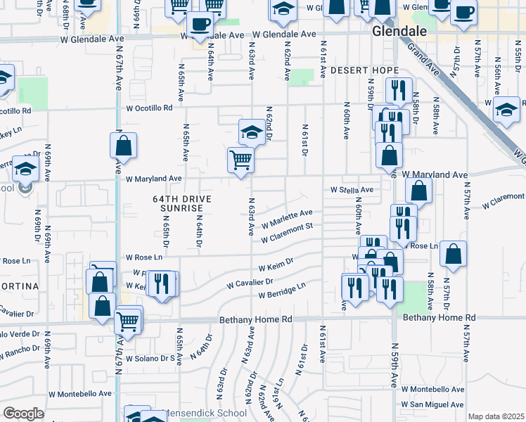 map of restaurants, bars, coffee shops, grocery stores, and more near 6234 West Citrus Way in Glendale