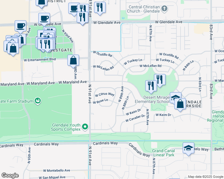 map of restaurants, bars, coffee shops, grocery stores, and more near 8955 West Stella Avenue in Glendale