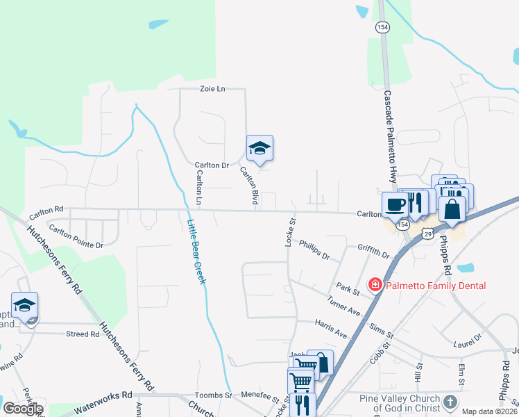 map of restaurants, bars, coffee shops, grocery stores, and more near 507 Carlton Road in Palmetto