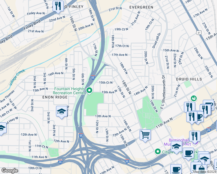 map of restaurants, bars, coffee shops, grocery stores, and more near 1523 13th Street North in Birmingham