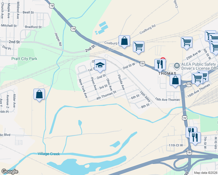 map of restaurants, bars, coffee shops, grocery stores, and more near 359 3rd Street in Birmingham