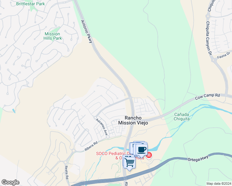 map of restaurants, bars, coffee shops, grocery stores, and more near 39 Vivido Street in Ladera Ranch