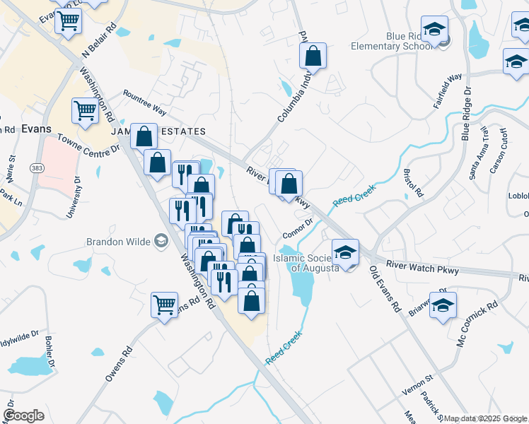 map of restaurants, bars, coffee shops, grocery stores, and more near 340 Connor Circle in Evans