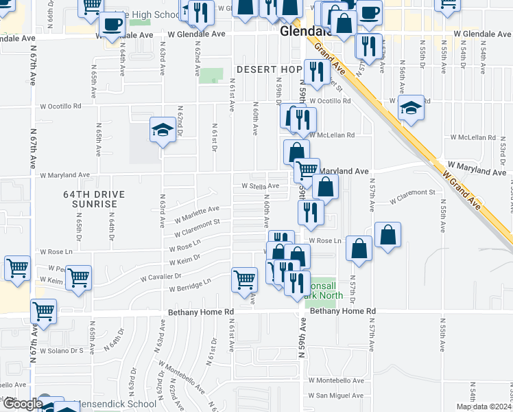 map of restaurants, bars, coffee shops, grocery stores, and more near 6013 West Marlette Avenue in Glendale