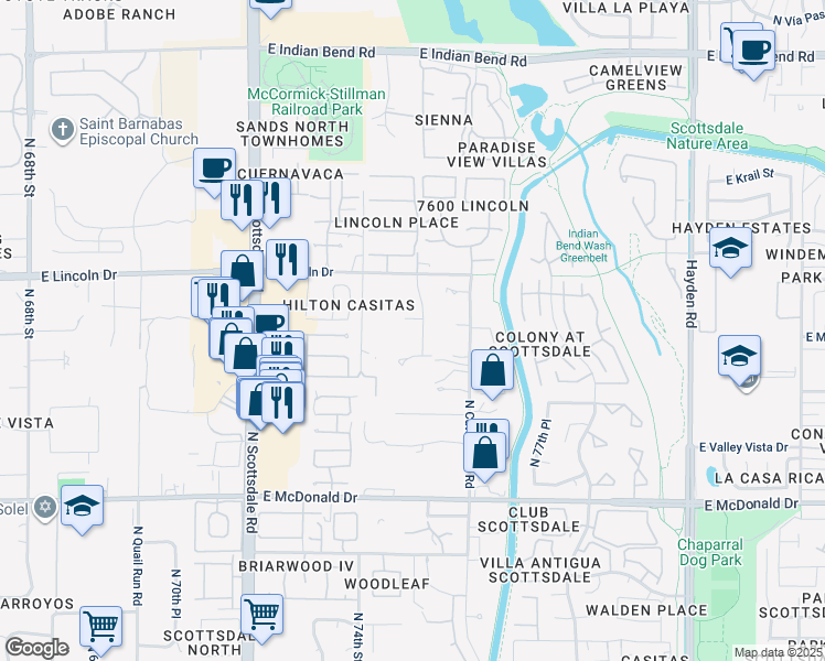 map of restaurants, bars, coffee shops, grocery stores, and more near 7441 East Century Drive in Scottsdale