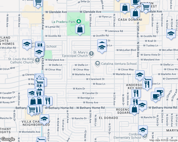 map of restaurants, bars, coffee shops, grocery stores, and more near 3901 West Citrus Way in Phoenix