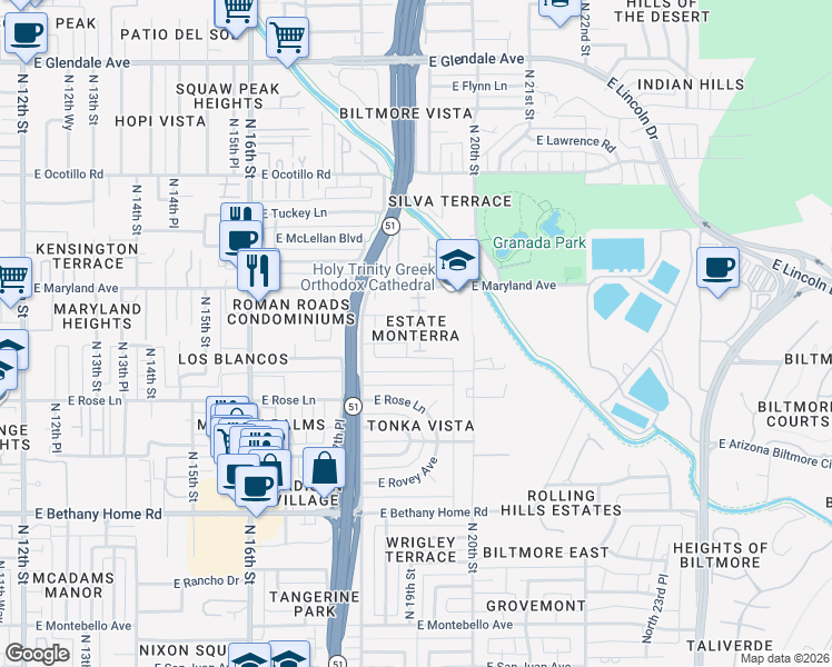 map of restaurants, bars, coffee shops, grocery stores, and more near 6318 North 19th Street in Phoenix
