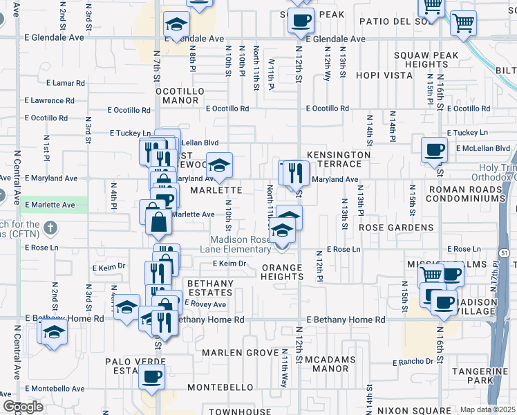 map of restaurants, bars, coffee shops, grocery stores, and more near 6309 North 10th Place in Phoenix