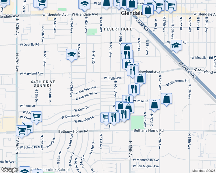 map of restaurants, bars, coffee shops, grocery stores, and more near 6023 West Marlette Avenue in Glendale